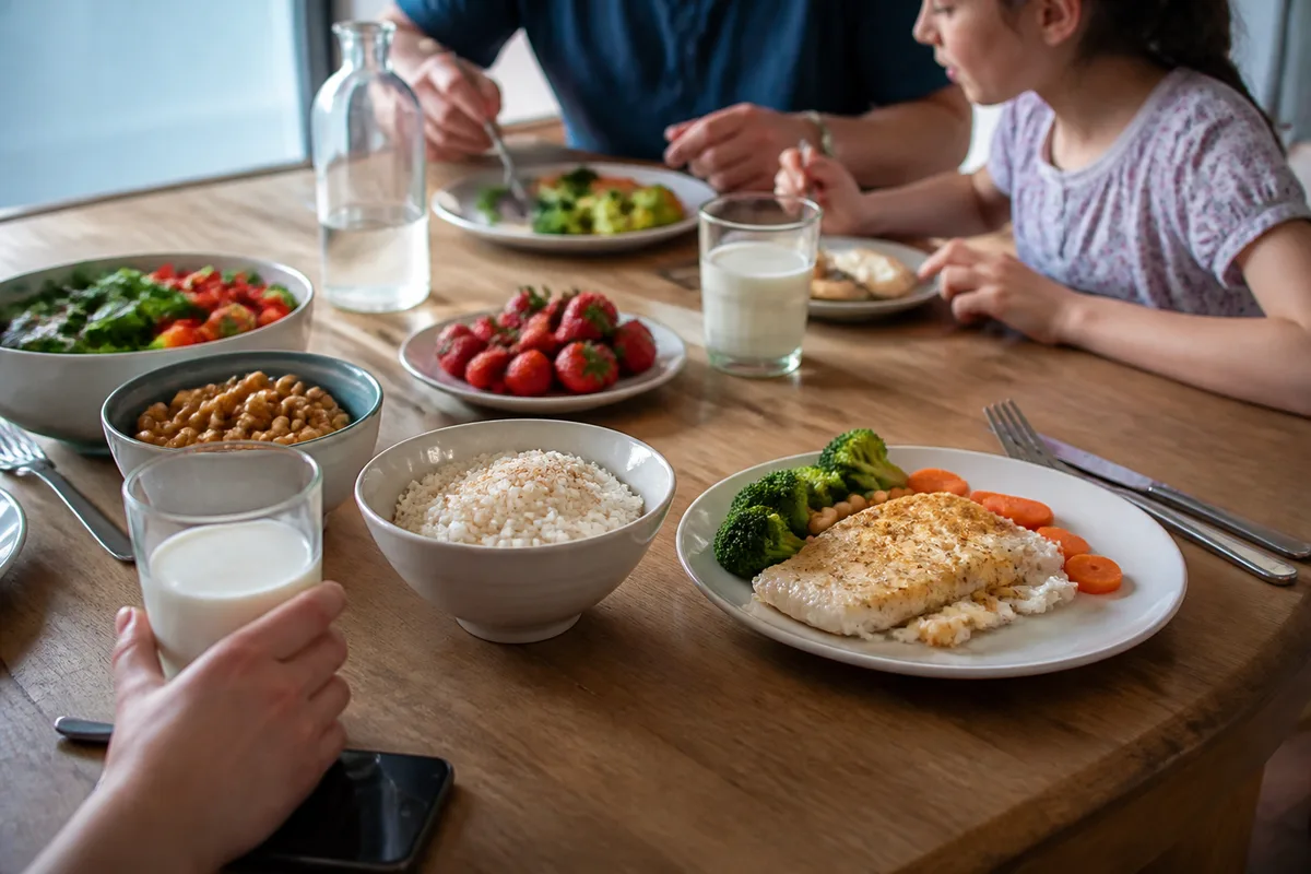 Repas familial sans lactose avec boisson végétale enrichie, légumes, riz, poisson et dessert aux fruits