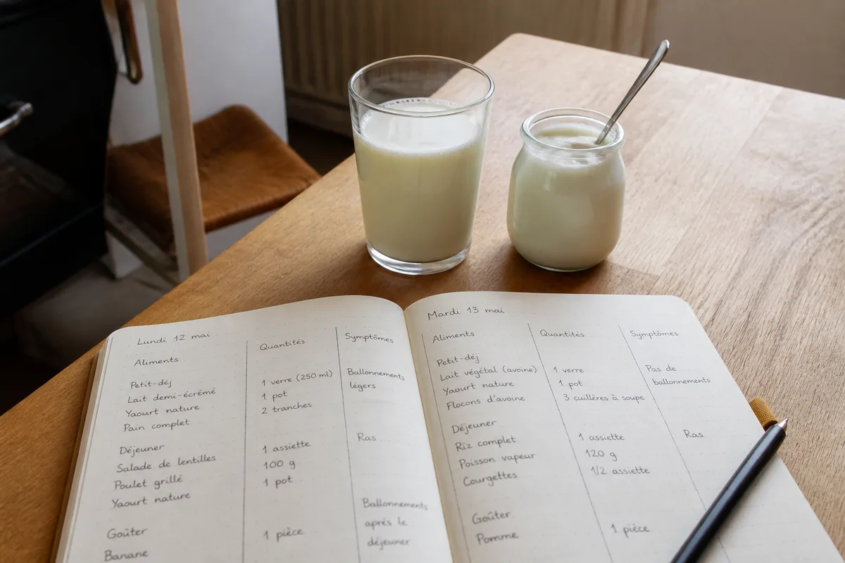 Verre de lait et yaourt posés près d’un carnet de suivi des symptômes digestifs