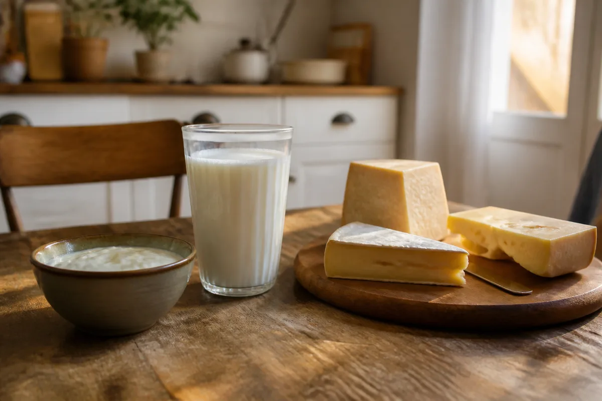 Repas avec yaourt fermenté, lait sans lactose et fromage pour comparer les produits laitiers
