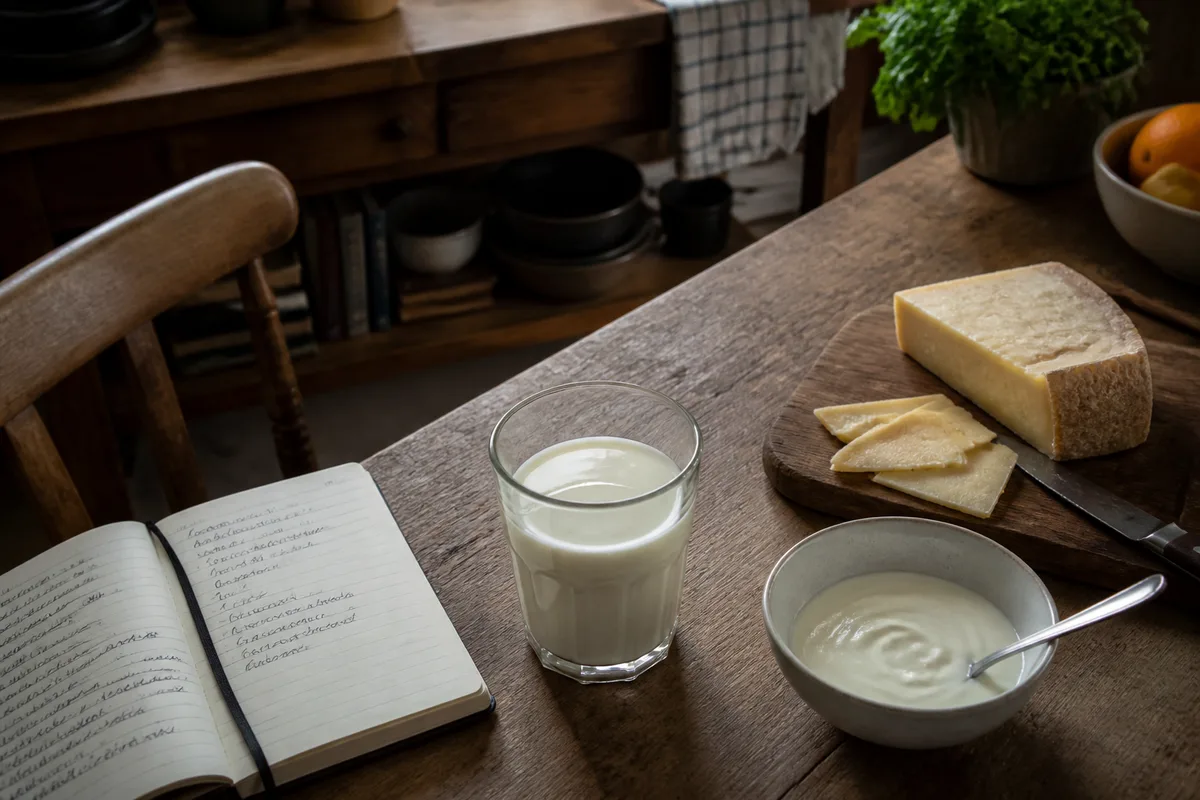 Verre de lait et produits laitiers sur une table de cuisine lors d’une observation alimentaire