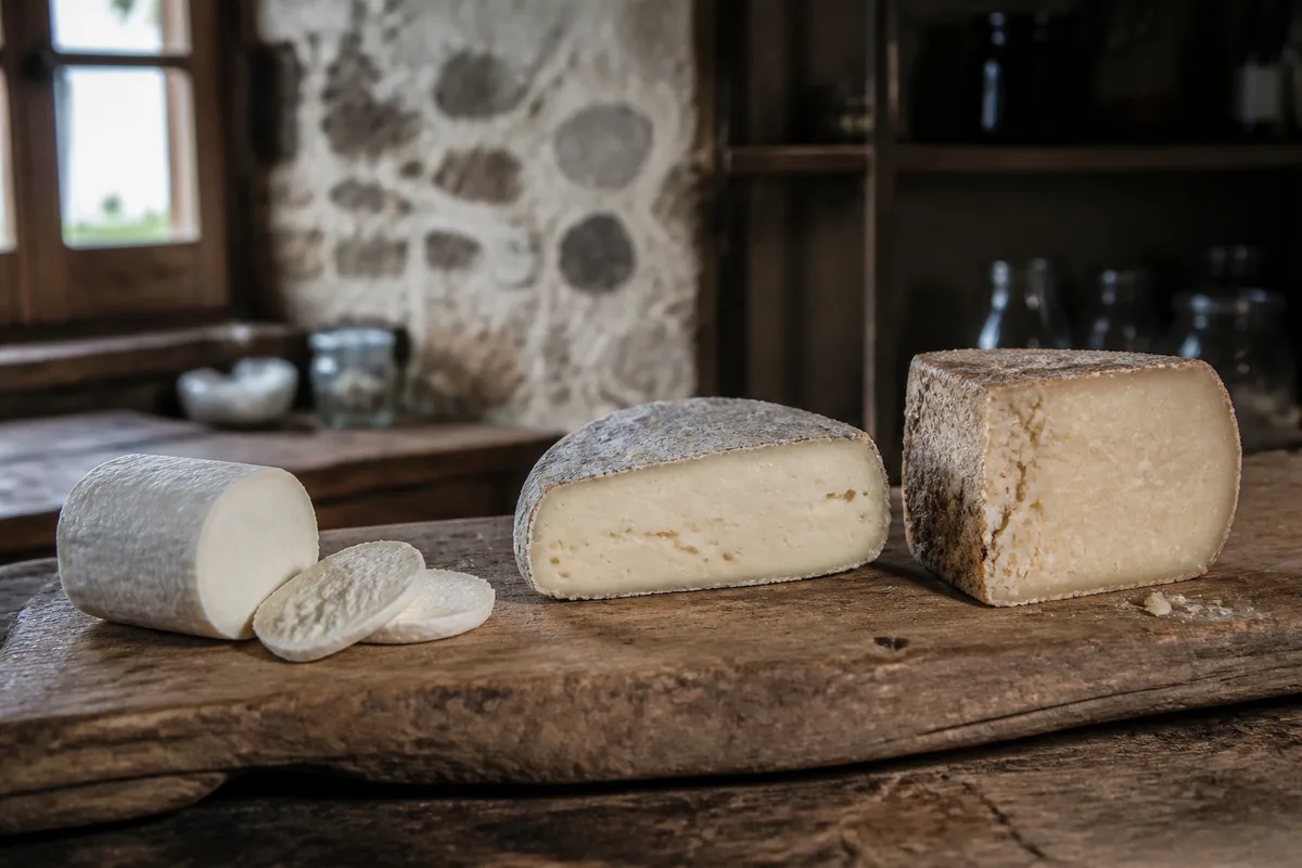 Fromages de chèvre frais et affinés présentés sur une planche en bois