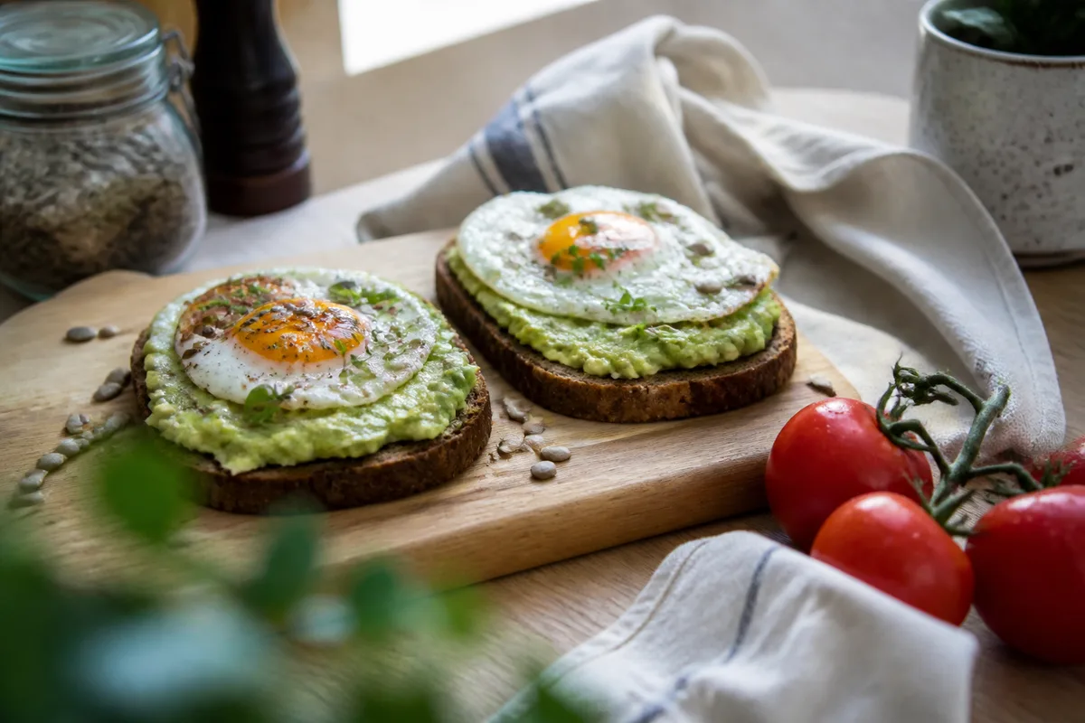 Tartines de pain complet à l’avocat et à l’œuf pour un petit déjeuner sans lactose