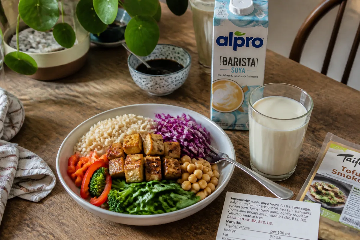 Repas équilibré avec alternatives sans lactose, tofu, légumes et boisson végétale