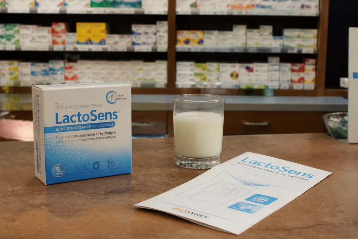 Boîte de test d’intolérance au lactose et verre de lait sur un comptoir de pharmacie